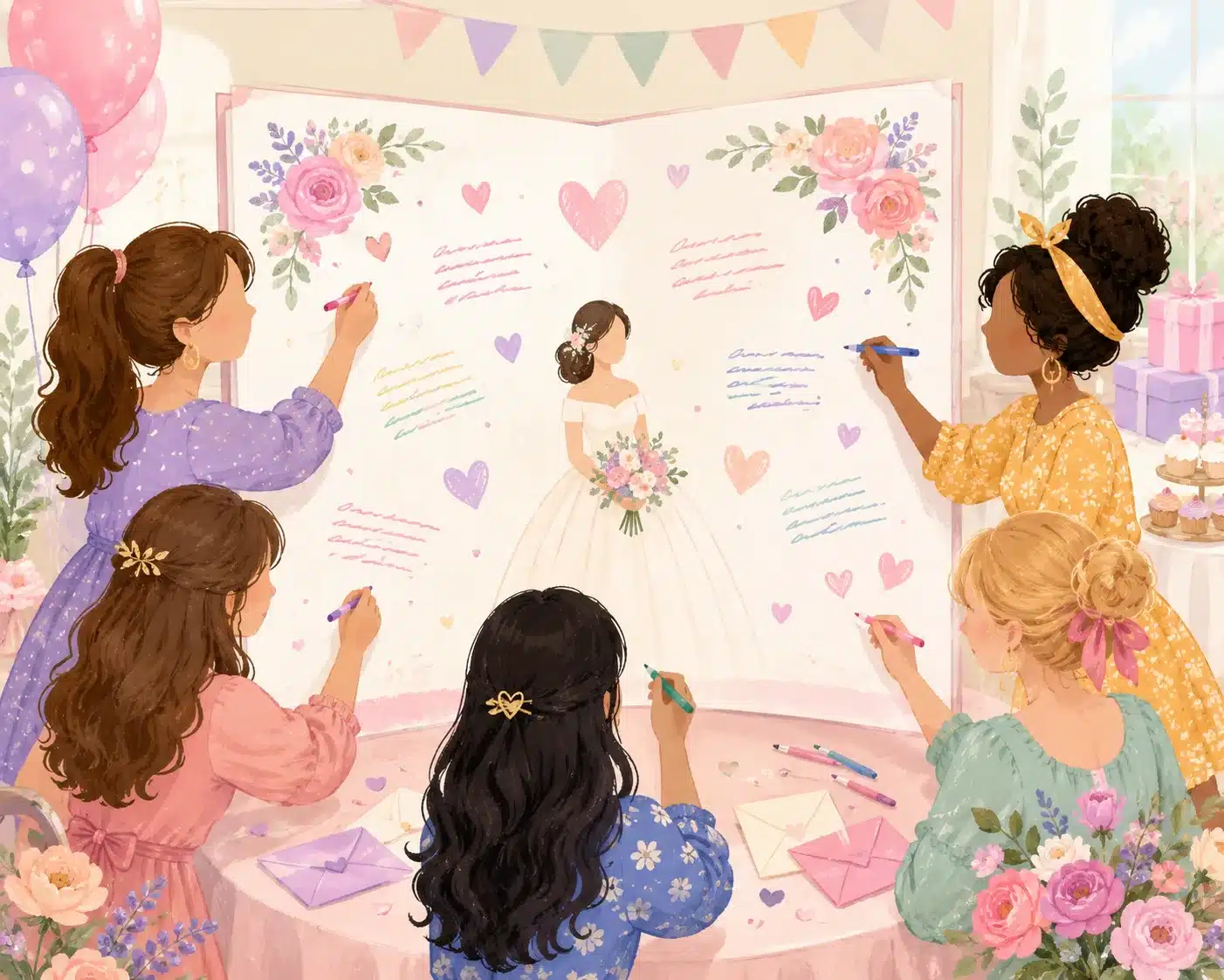 Whimsical illustration of friends adding personal notes to a group bridal shower card
