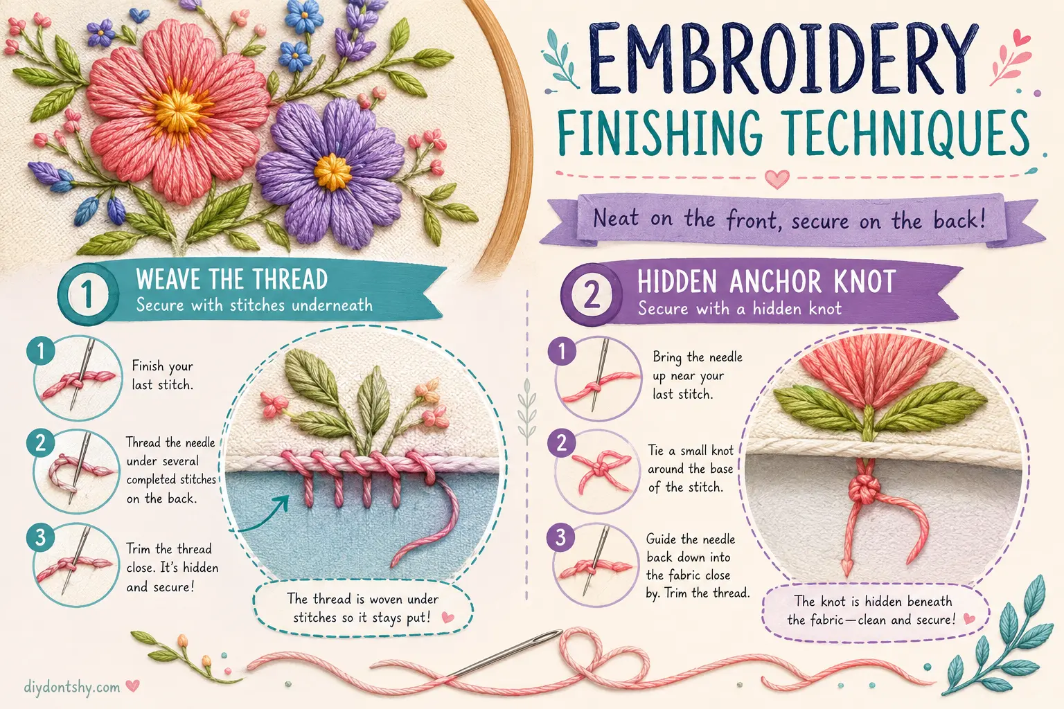 Hidden embroidery finishing knots beneath decorative stitches