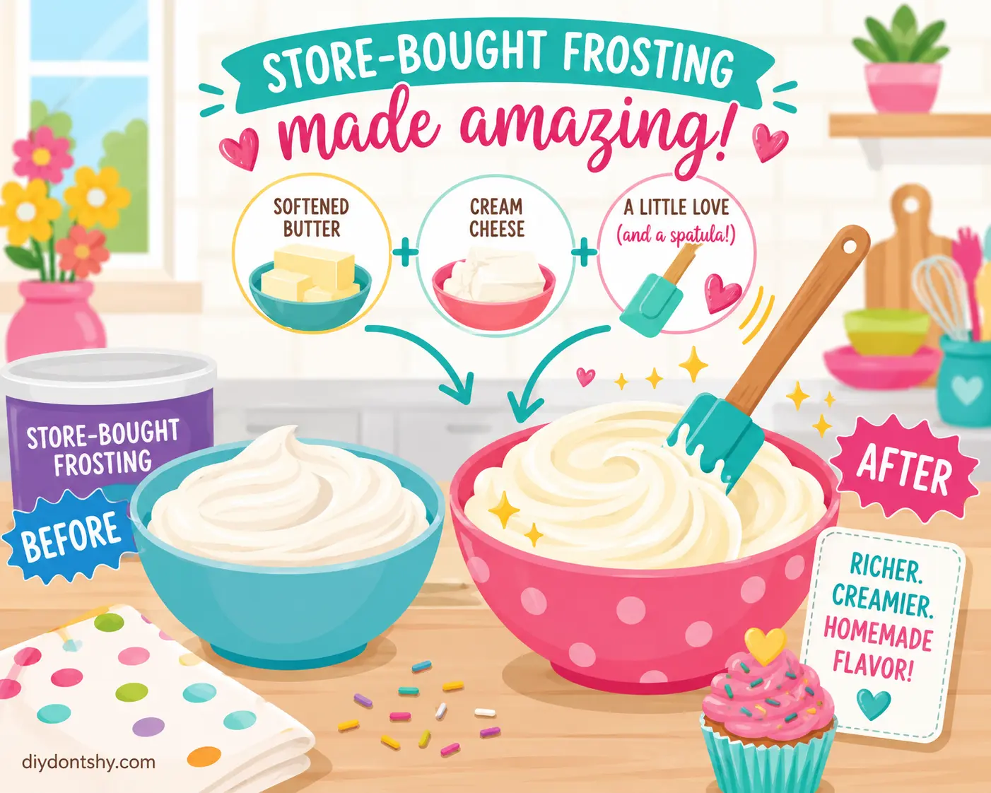 Illustrated bowl of store-bought frosting being upgraded with butter and cream cheese