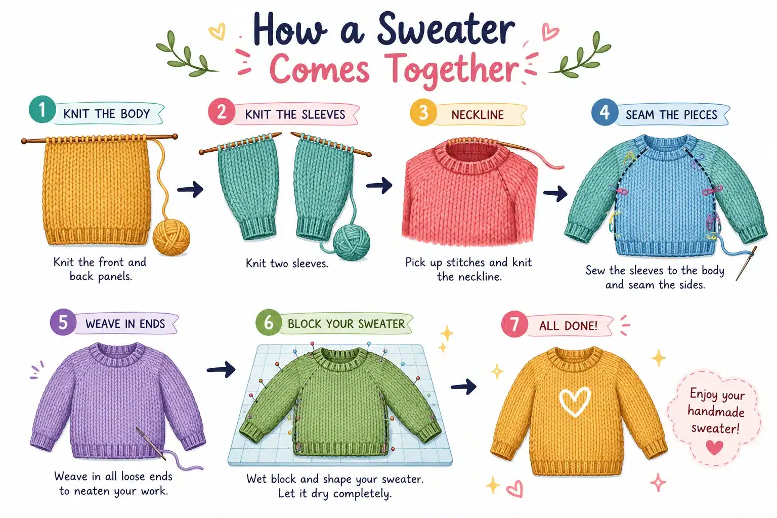 Whimsical illustration showing sweater body sleeves and finishing steps