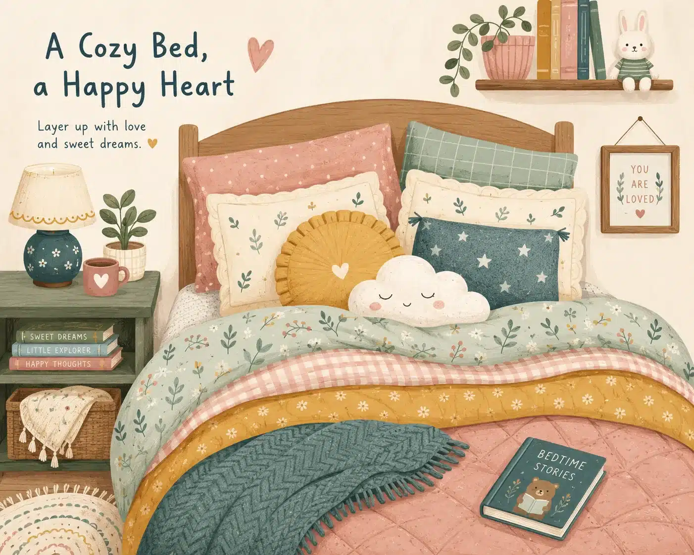 Whimsical layered bedding arrangement with blankets and pillows