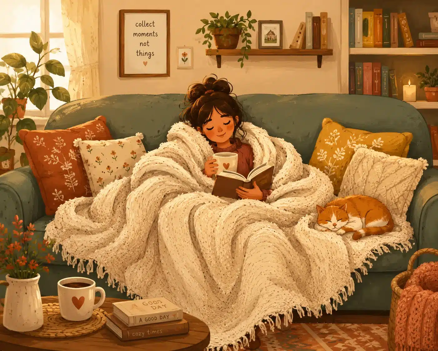 Cozy illustrated lounging setup with oversized throw blanket