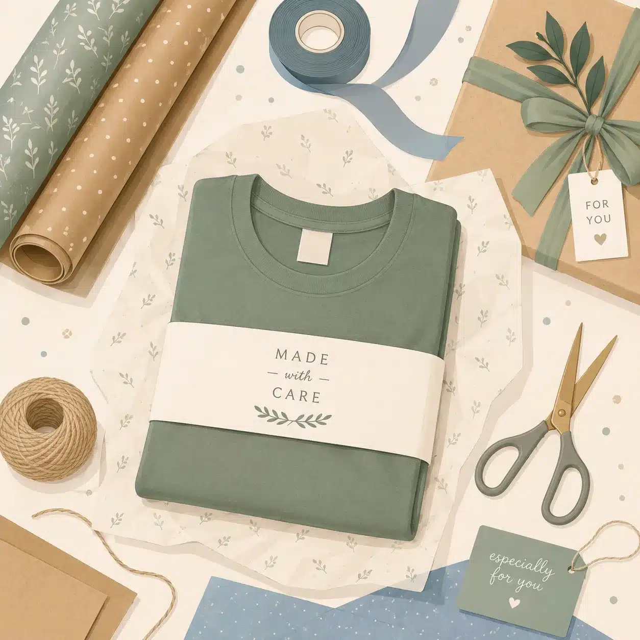 Neatly folded tee shirt prepared for gift wrapping