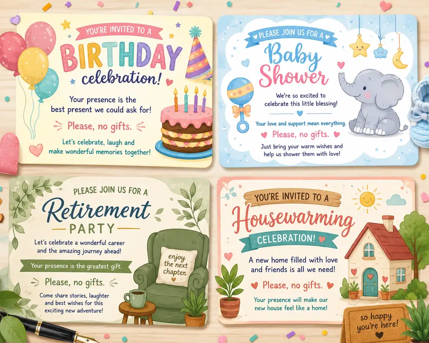 Illustrated invitation examples for different celebration types