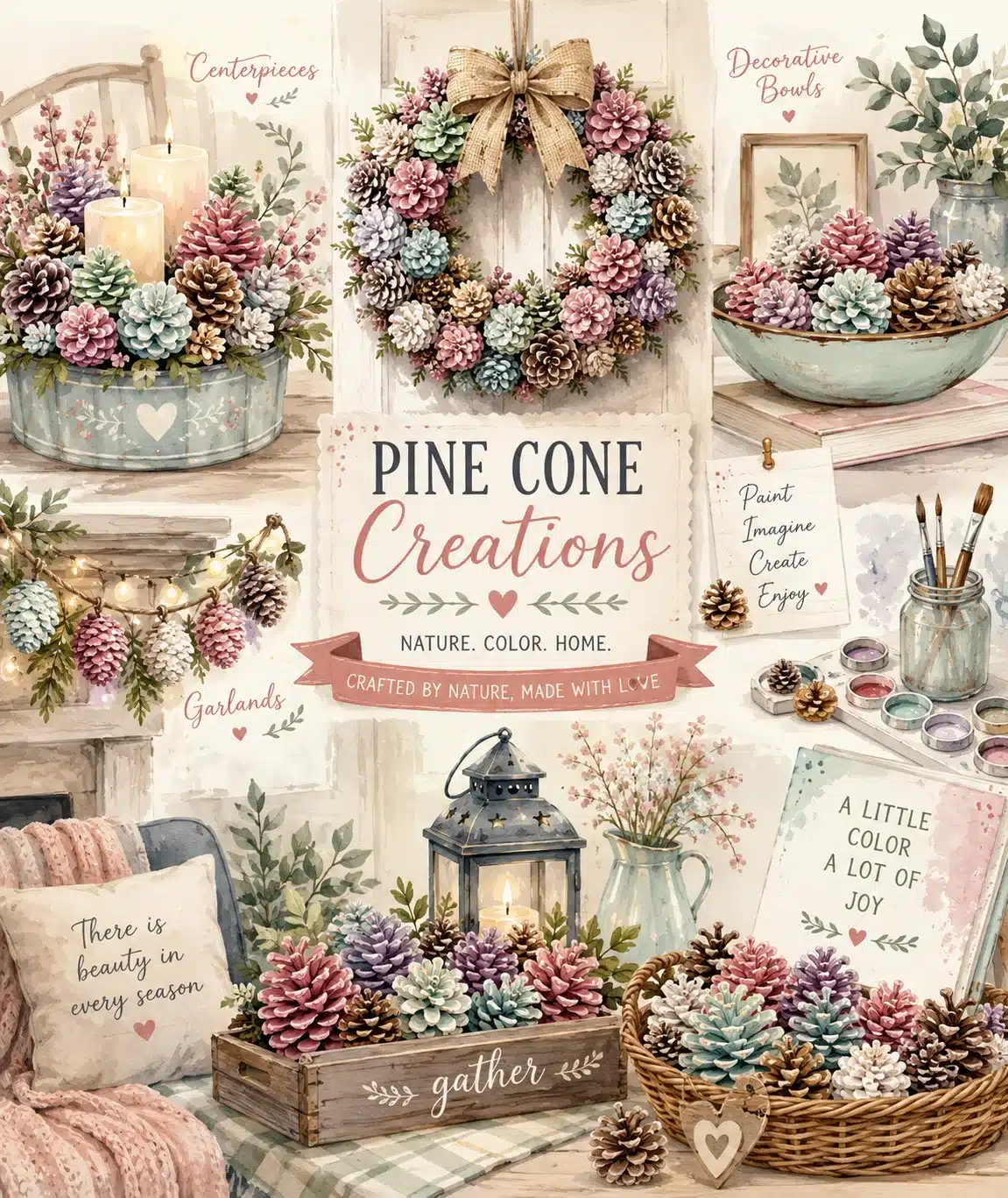 Creative painted pine cone displays around the home