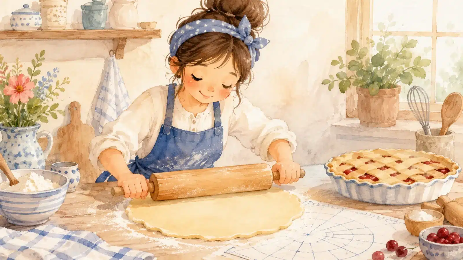 Rolling pie dough to the ideal thickness for lattice weaving