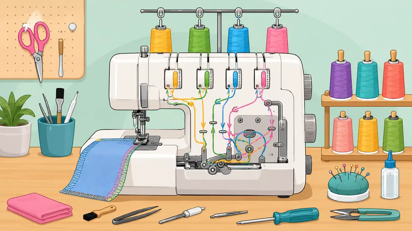 Colorful illustration of serger threading and machine maintenance