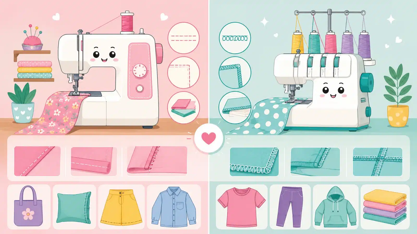 Illustrated comparison between a sewing machine and a serger
