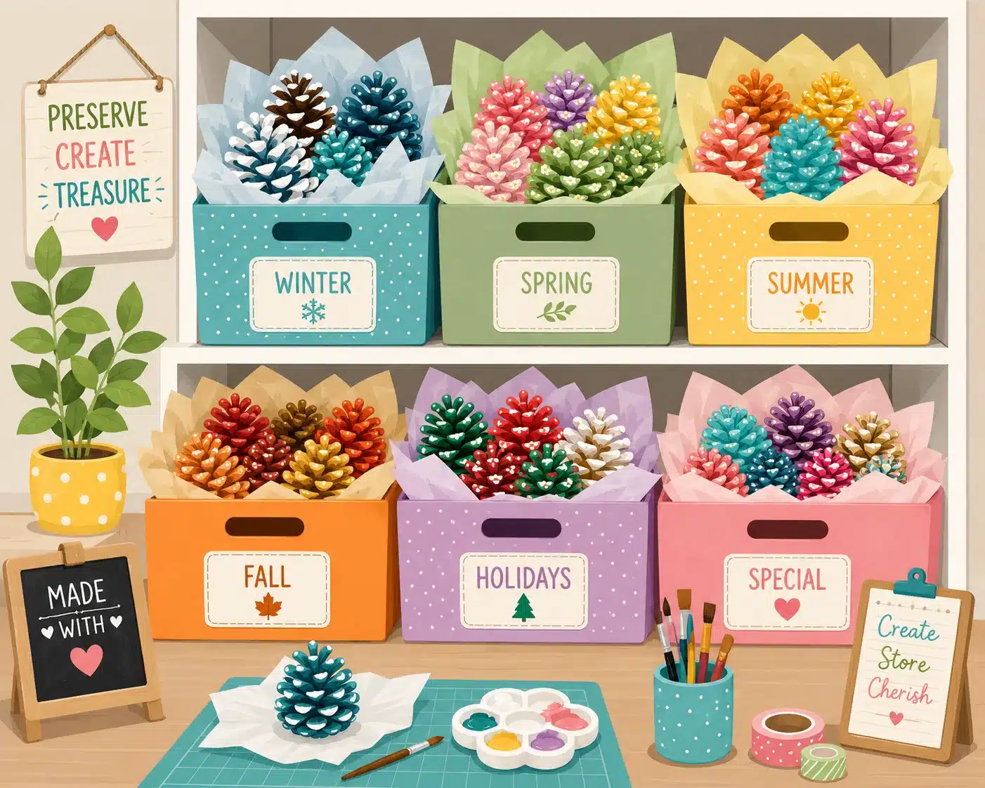 Organized storage of painted pine cones for long-lasting freshness