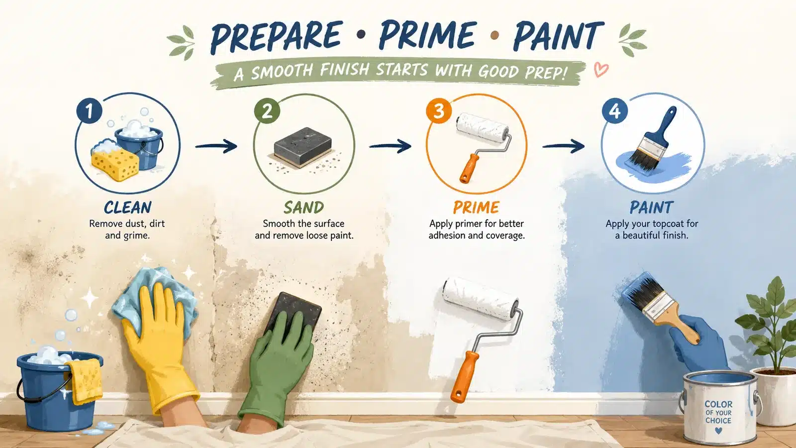 Stylized preparation steps before repainting a surface