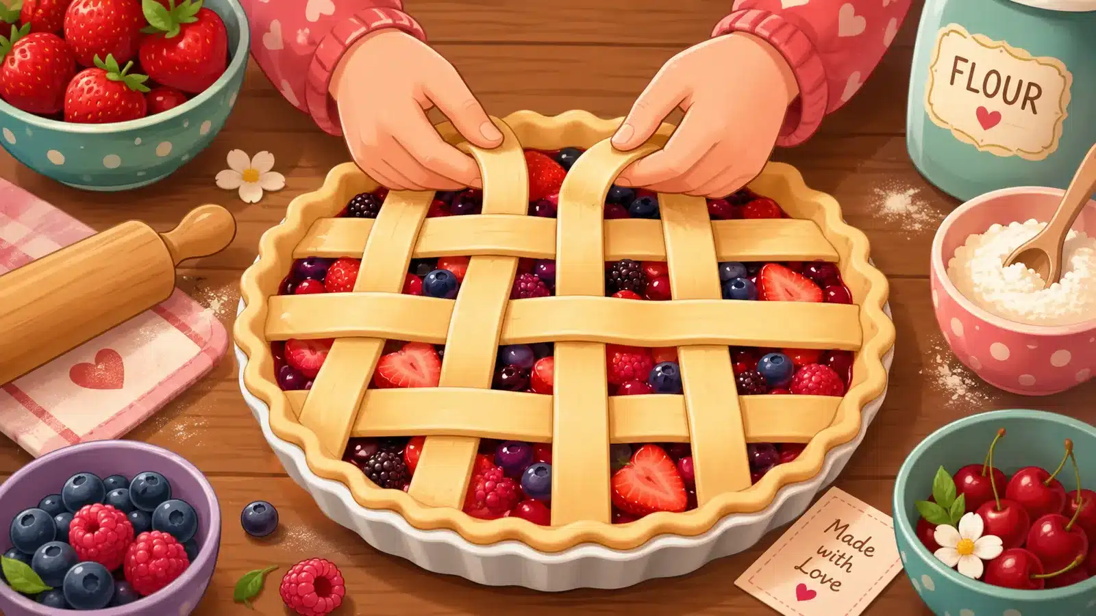 Creating a woven lattice pie crust pattern over fruit filling