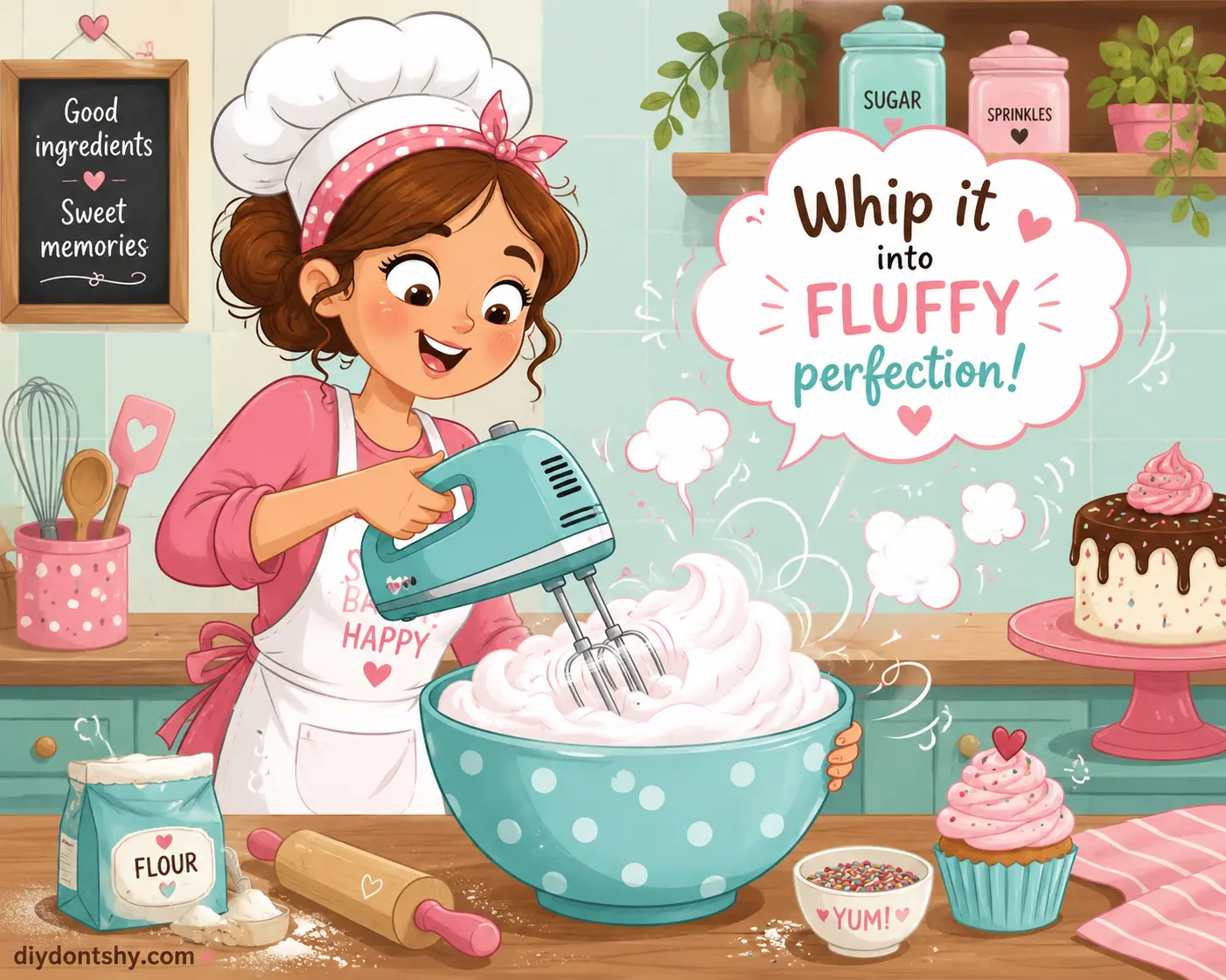 Cartoon baker whipping frosting into a light and airy texture