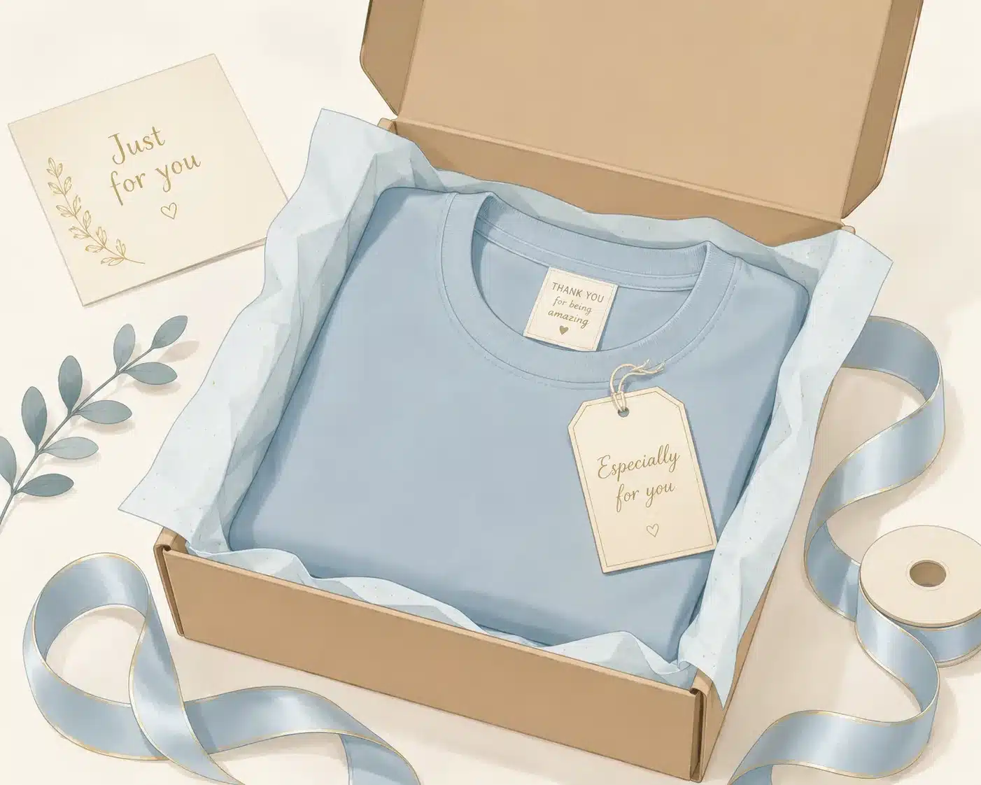 Wrinkle-free tee shirt wrapped neatly inside a gift box