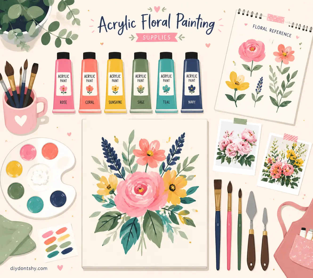 Stylized illustration of acrylic paints brushes and supplies for floral art