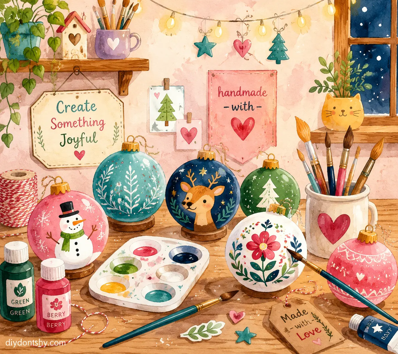 Person painting acrylic ornaments with colorful handcrafted designs