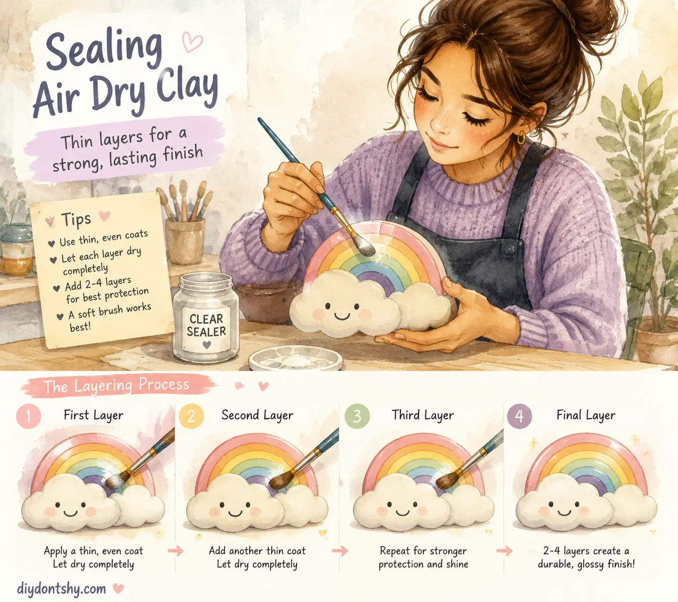 Illustration of artist carefully applying thin sealer coats to clay piece