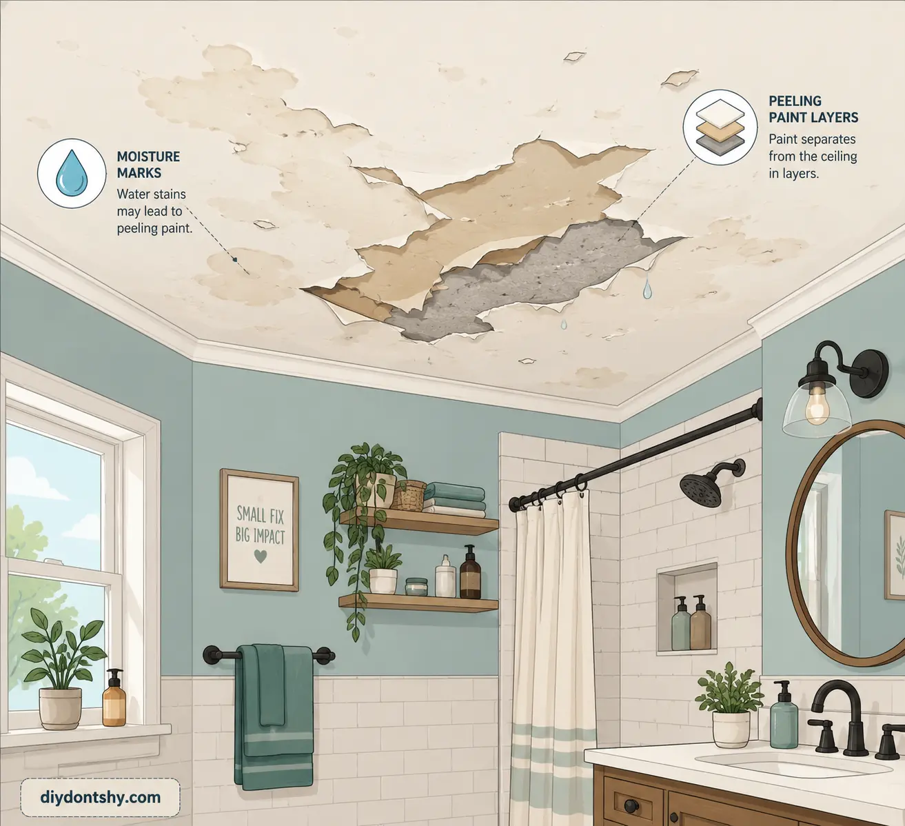 Bathroom ceiling with peeling paint caused by moisture