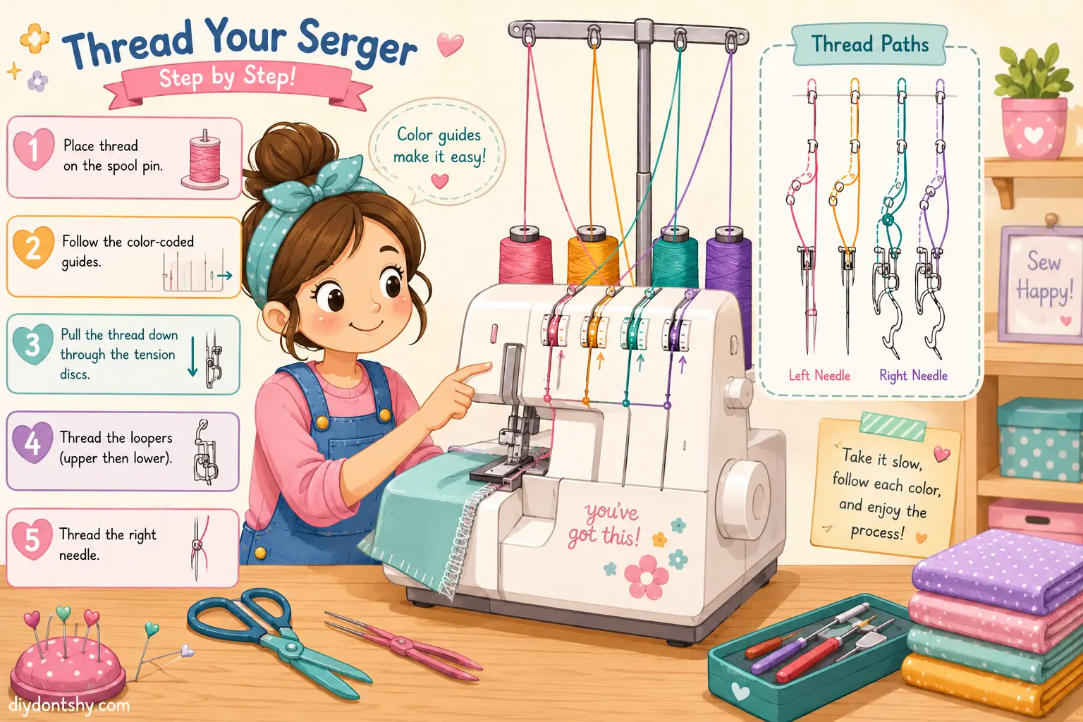 Beginner learning to thread a serger with color-coded guides
