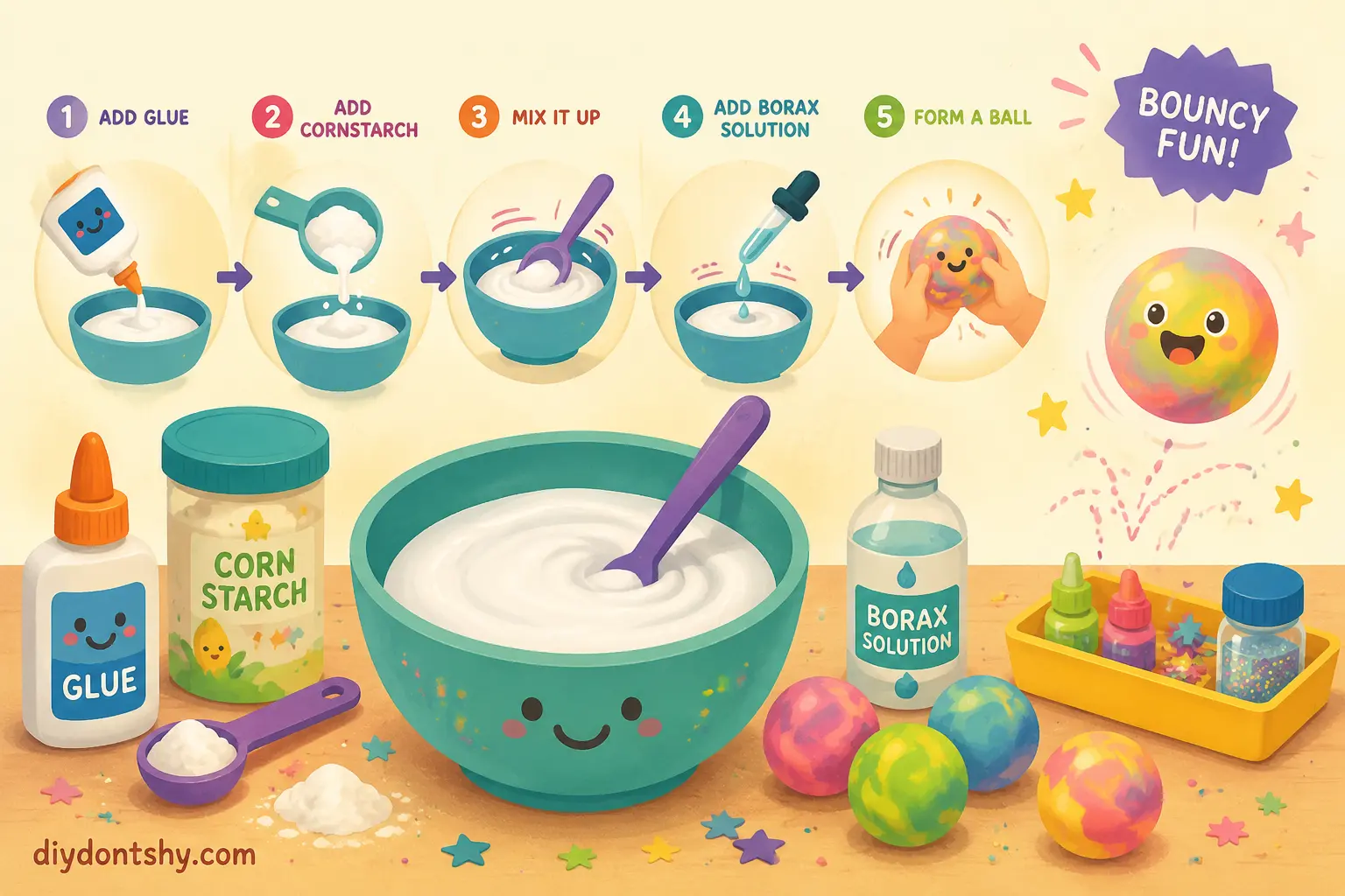 DIY bouncy ball creation process with mixing and shaping steps