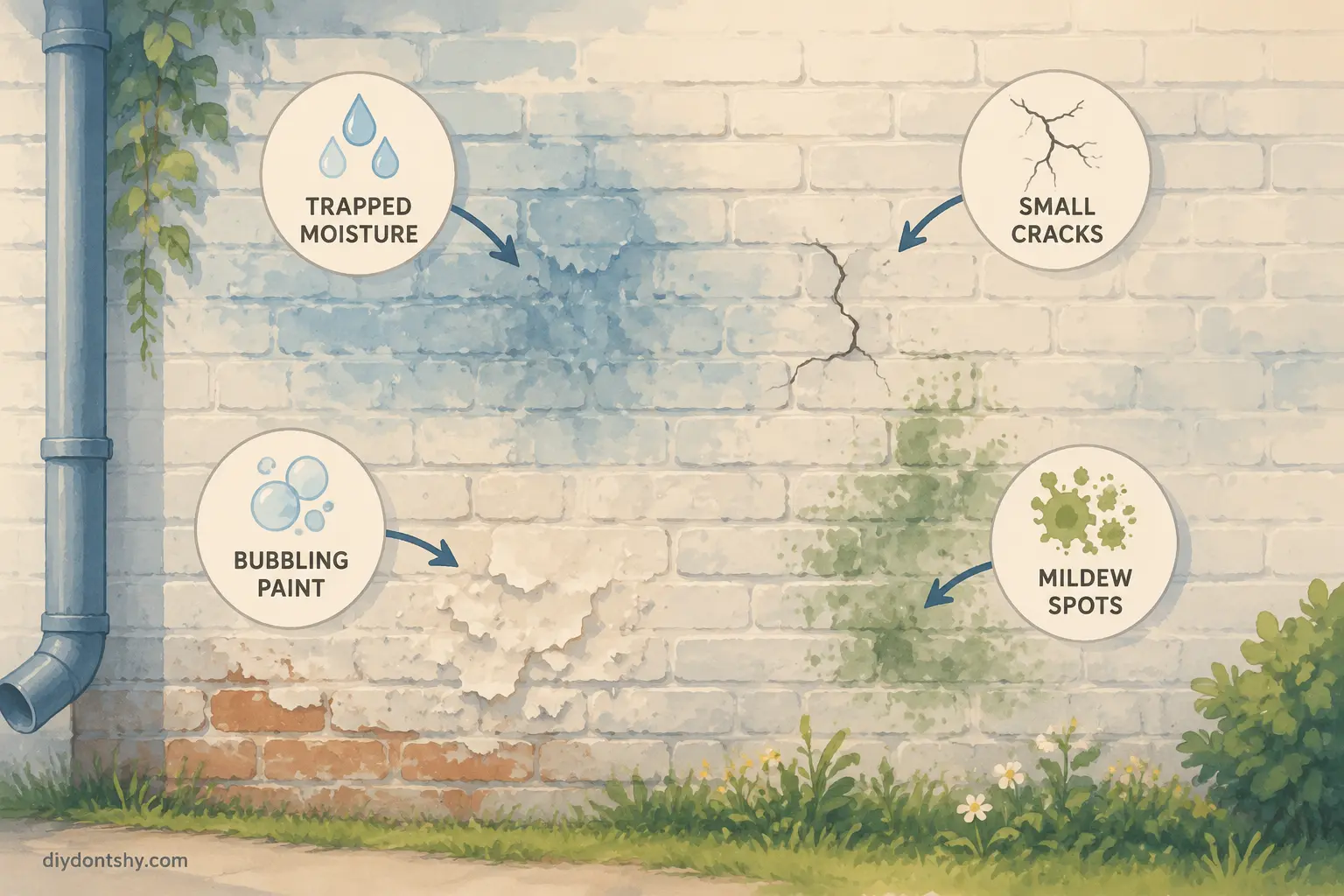 Painted brick wall showing moisture damage and warning signs