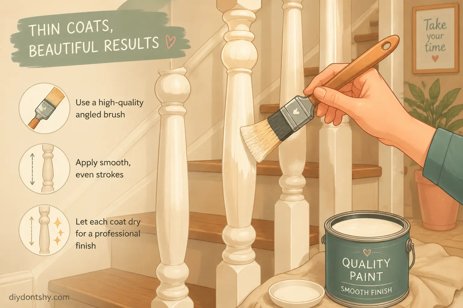 Brush painting techniques creating a smooth staircase spindle finish