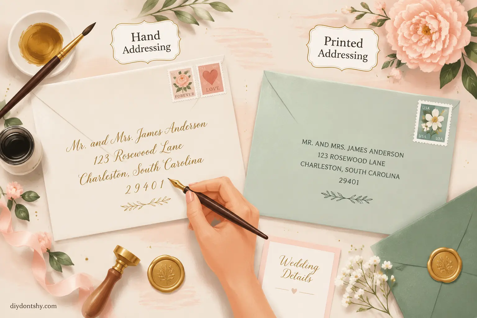 Beautiful handwritten and printed wedding envelope addressing styles