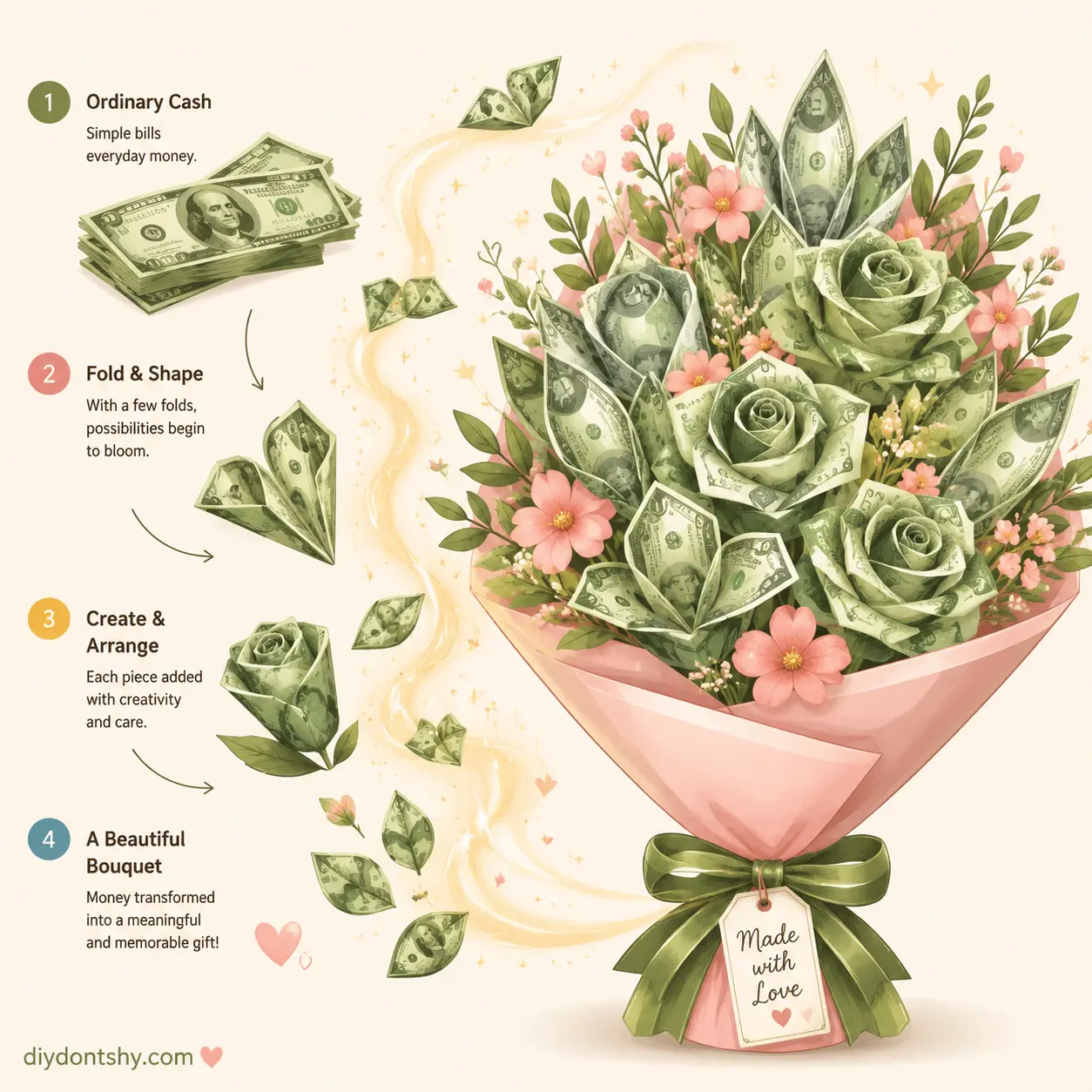 Magical transformation of cash into bouquet concept illustration
