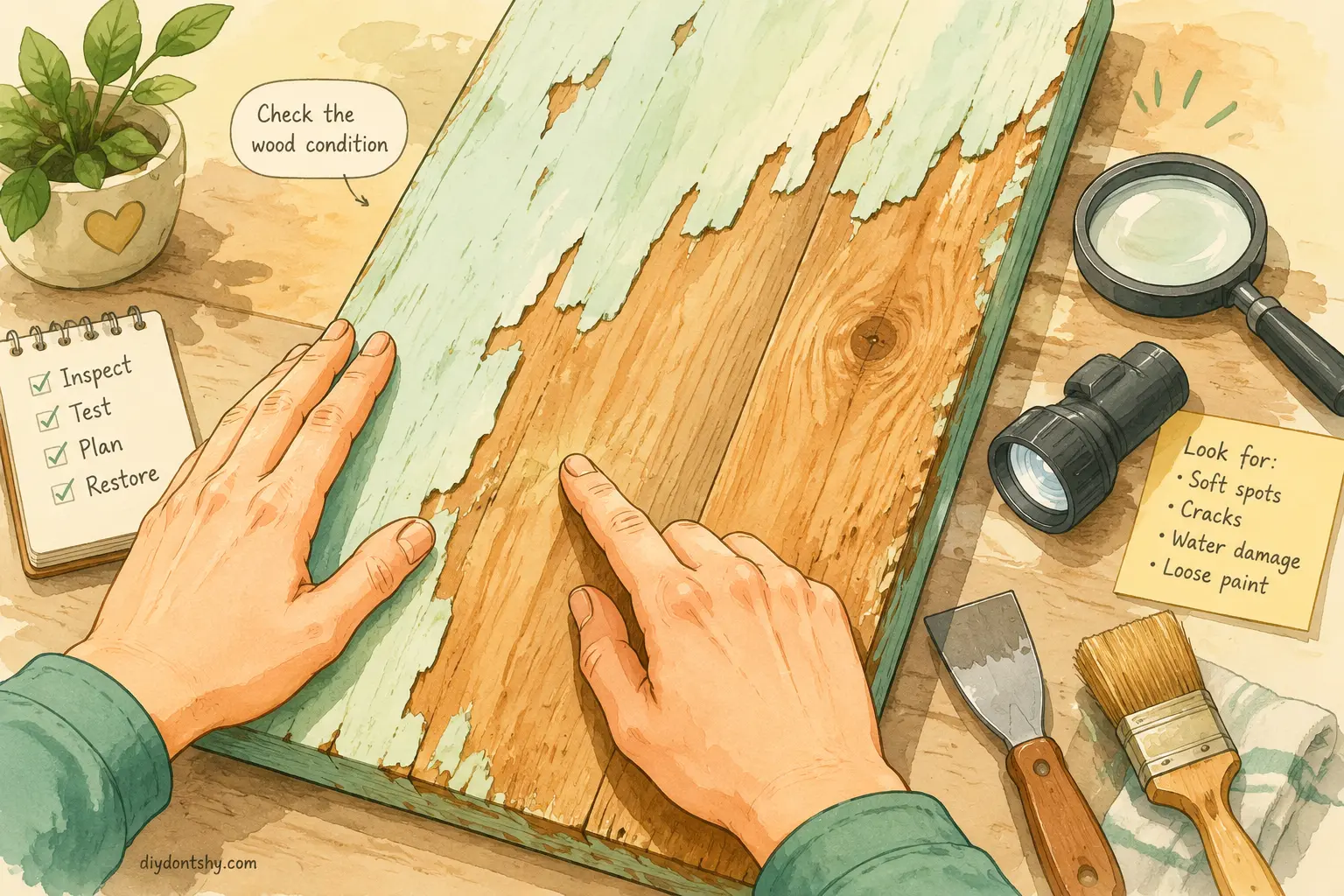 Inspecting wood surface condition before paint removal
