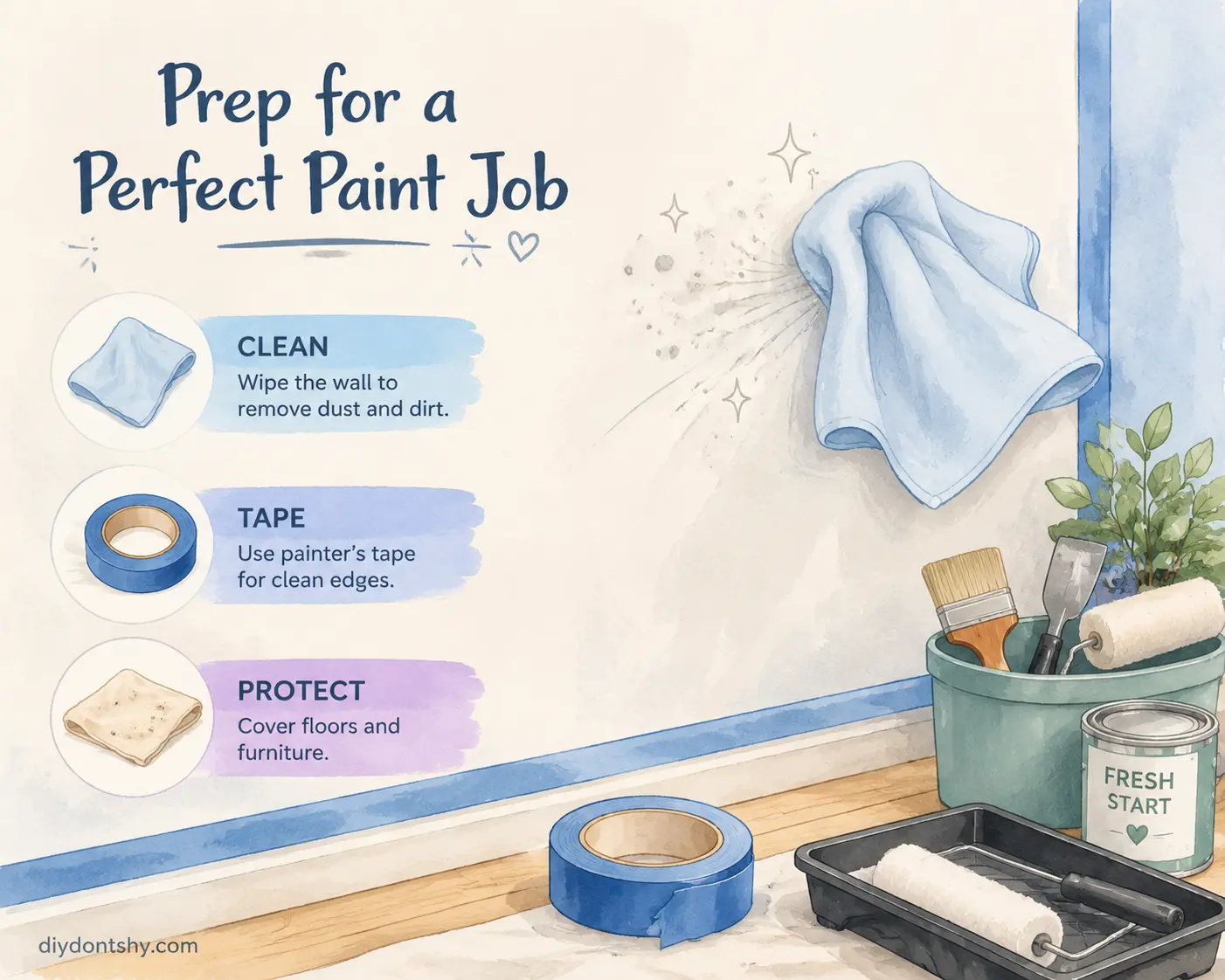 Illustrated clean wall preparation before painter's tape application