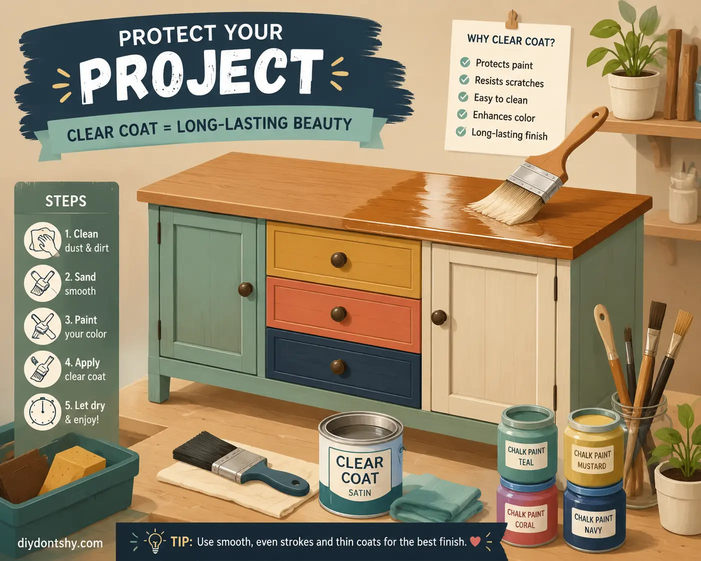 Protective clear coat being applied to painted wood furniture