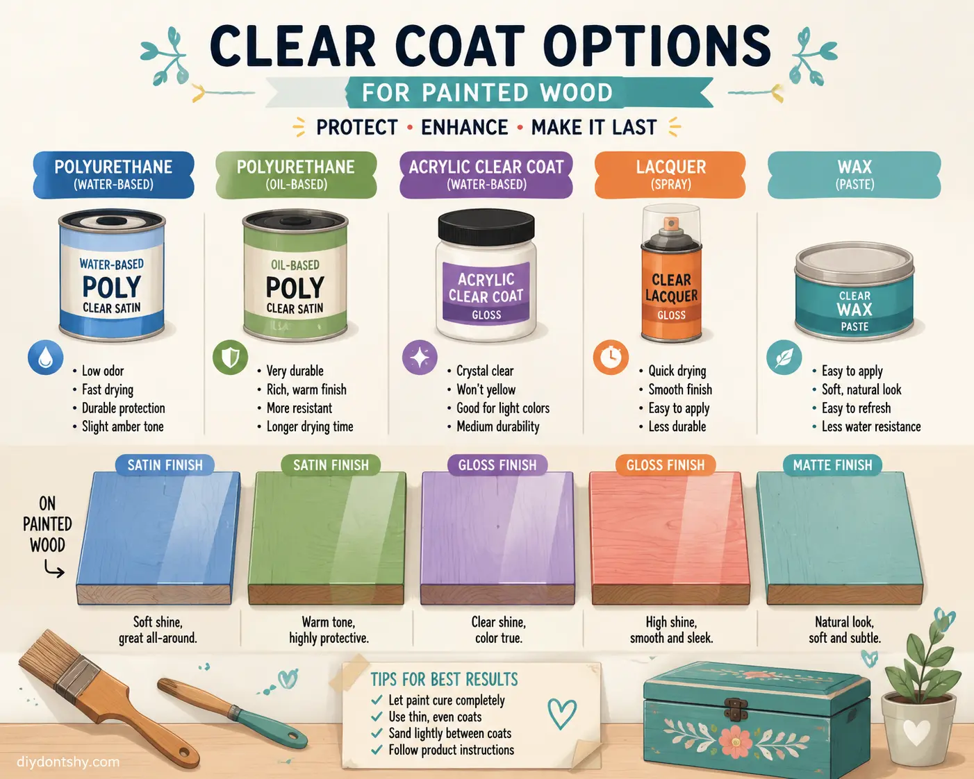 Different clear coat finishes displayed for painted wood projects