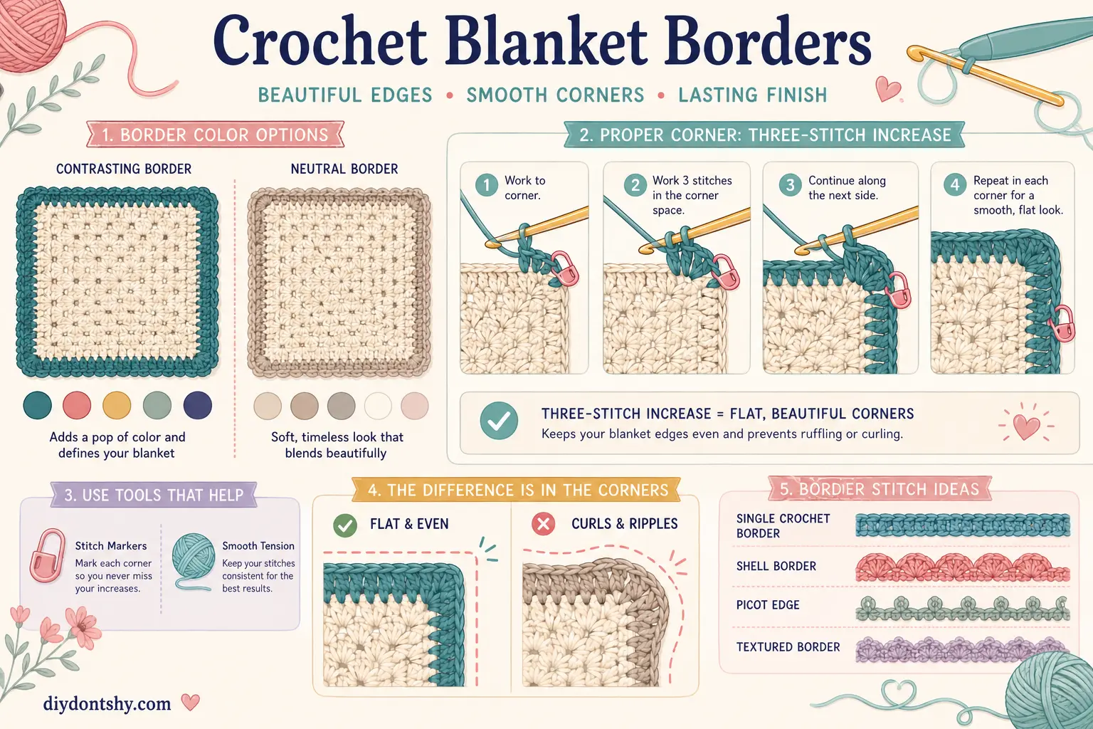 Colorful crochet border ideas with neatly shaped blanket corners