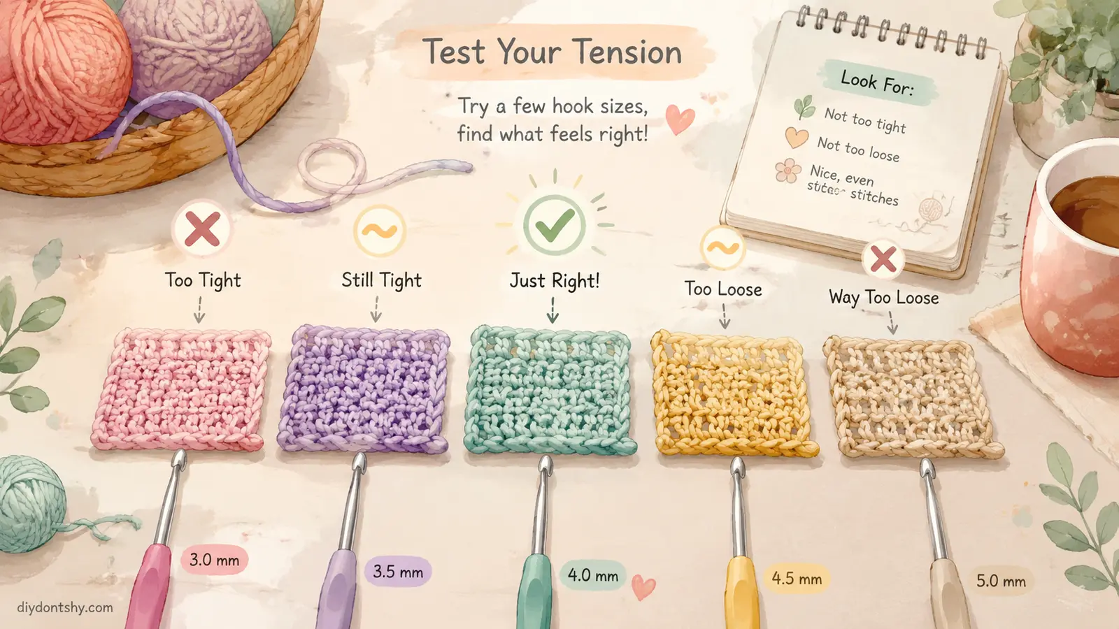 Crocheter testing hook sizes and yarn tension with crochet swatches