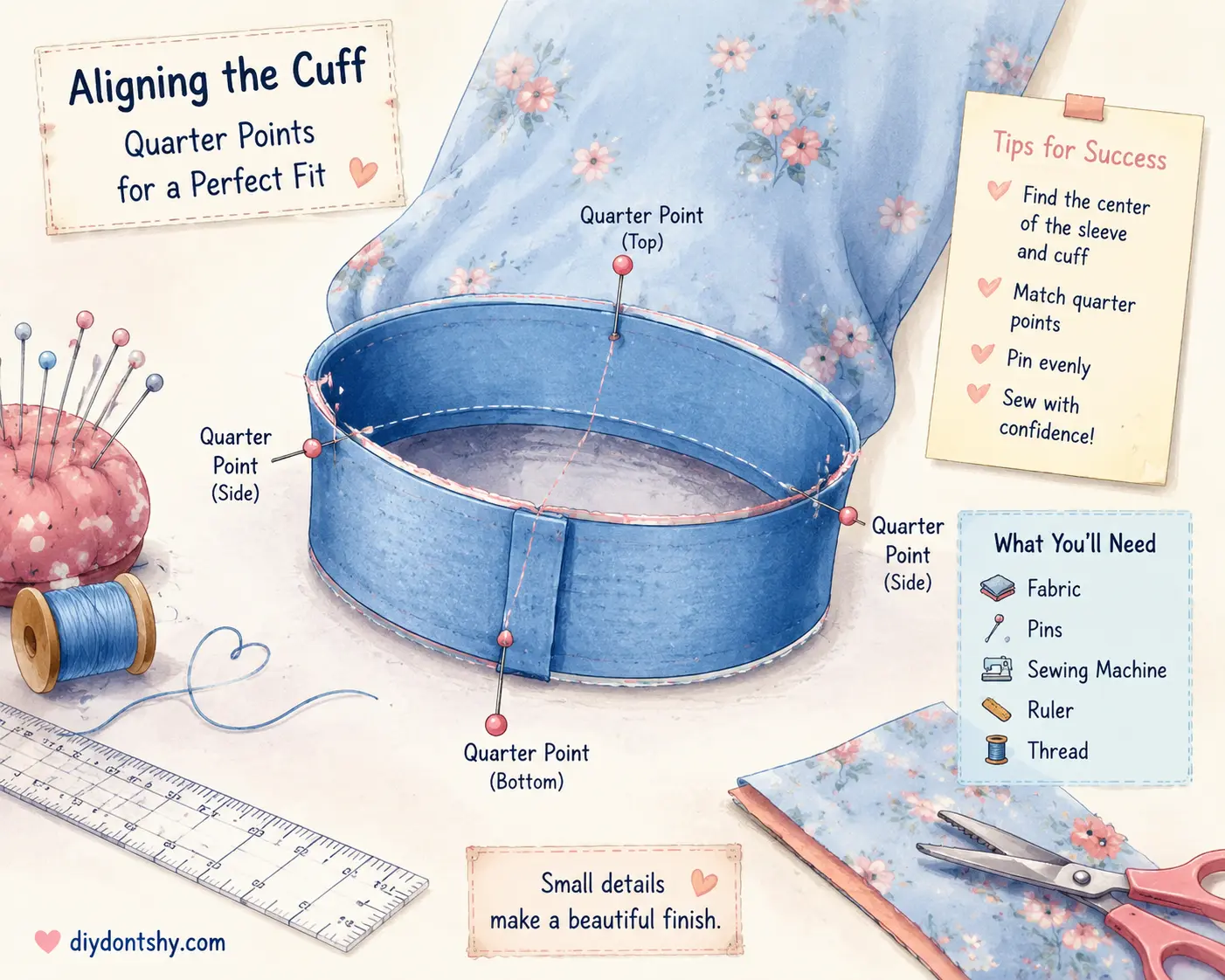 Illustration showing careful cuff fabric alignment and pinning techniques