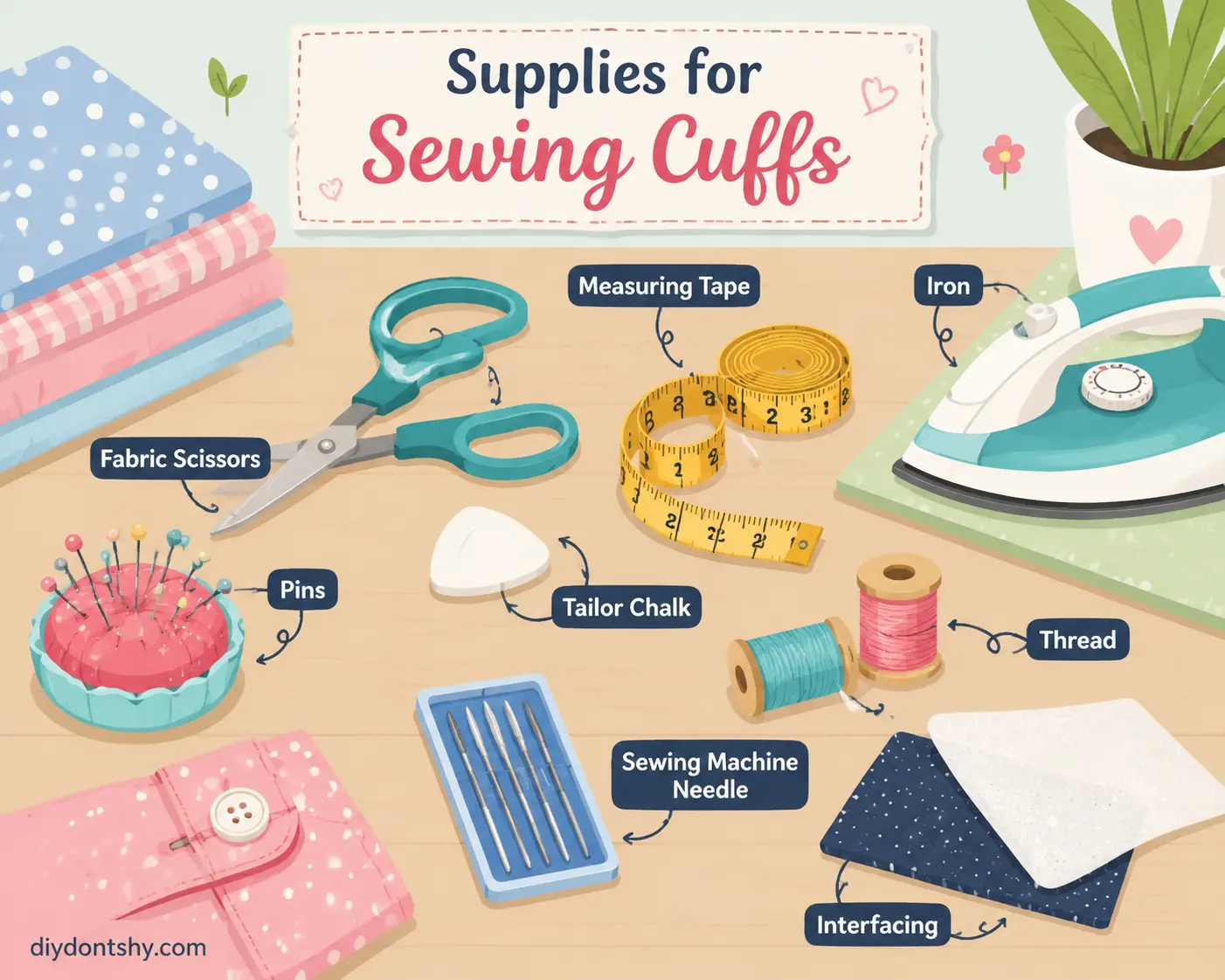 Stylized illustration of sewing supplies for making sleeve cuffs