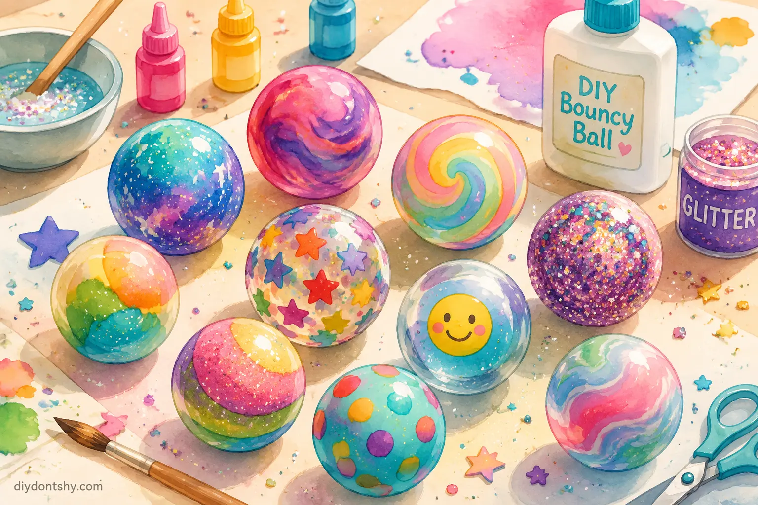 Decorated homemade bouncy balls with colorful DIY designs