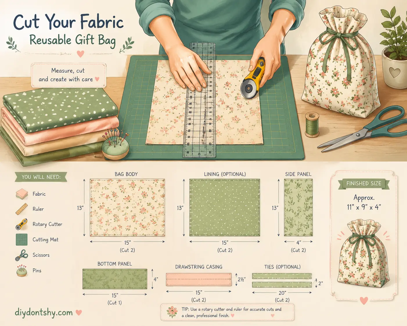 Fabric pieces being measured and cut for a gift bag