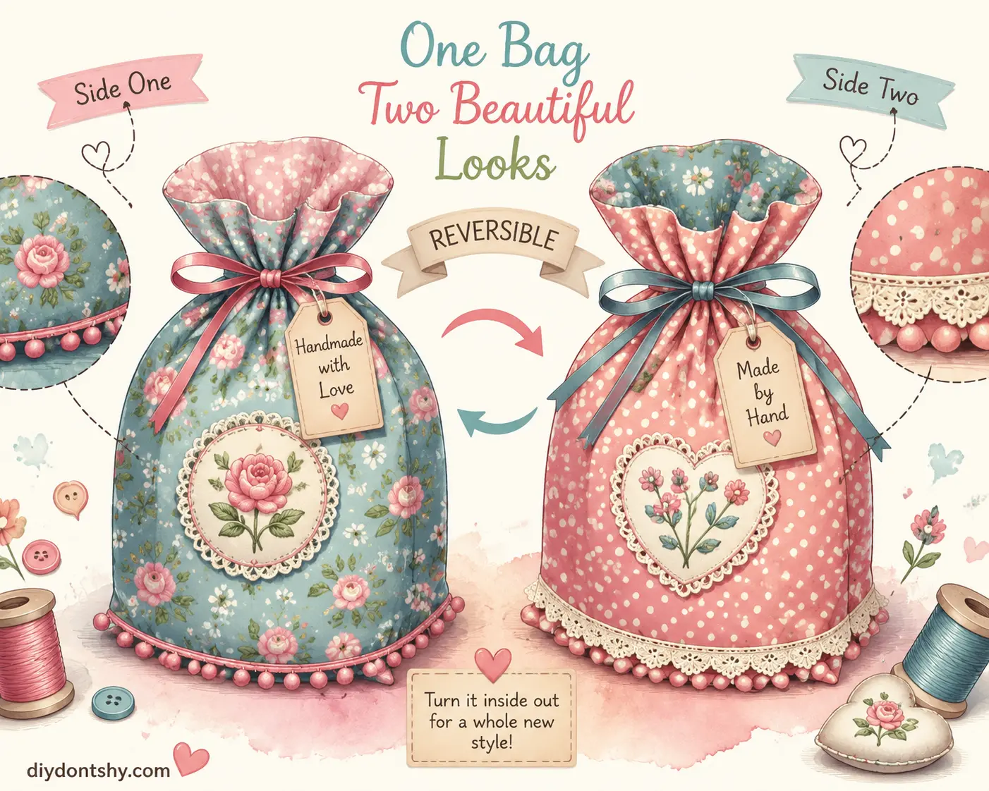 Decorated reversible fabric gift bag with creative details