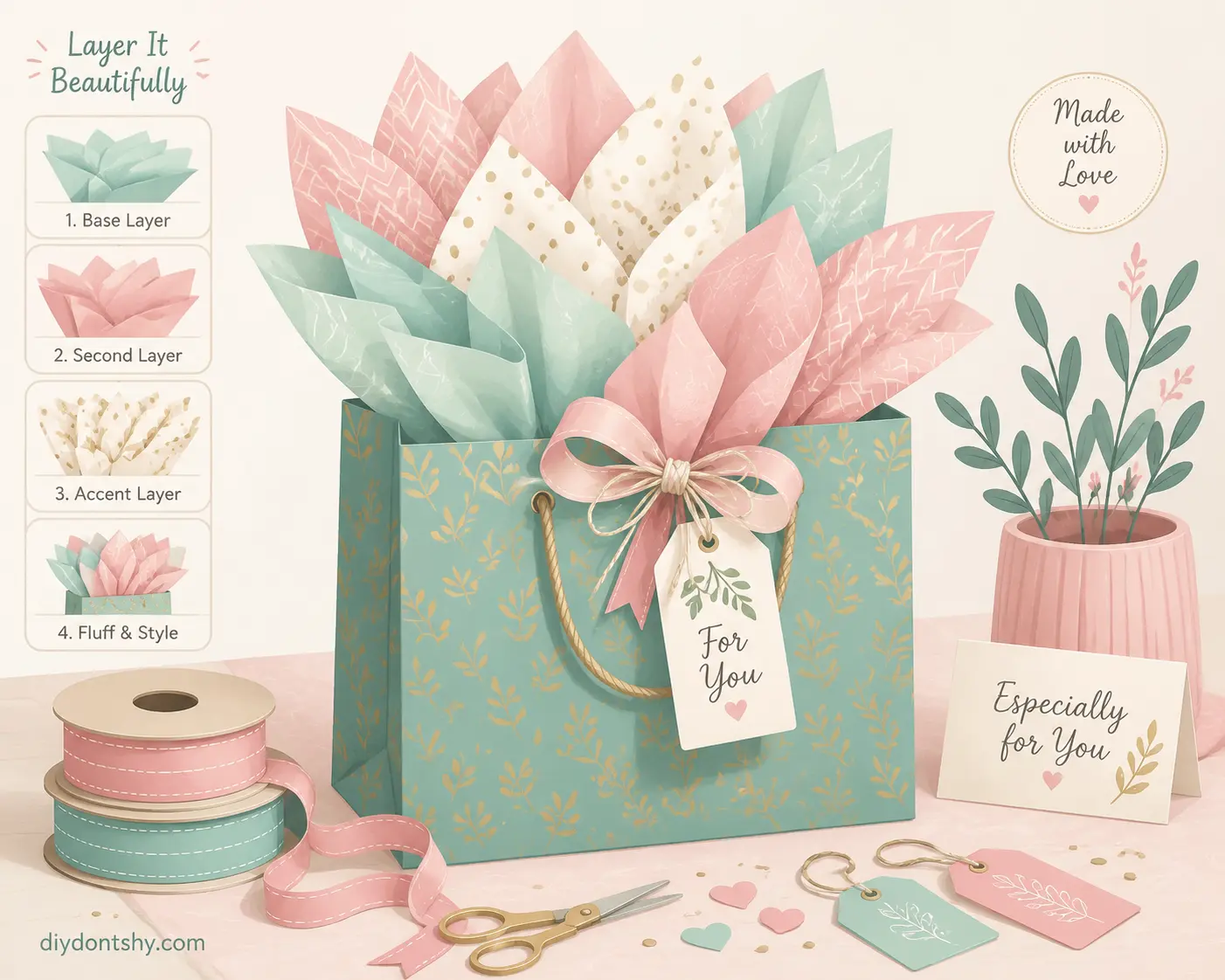 Layered tissue paper and ribbons creating a decorative gift bag finish
