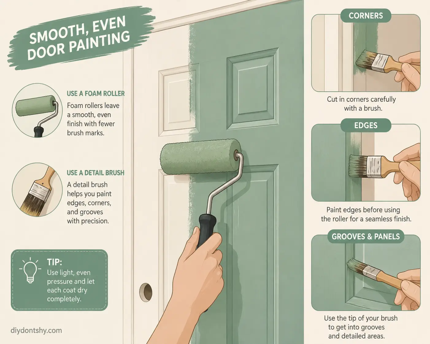 Smooth door painting technique using brush and foam roller
