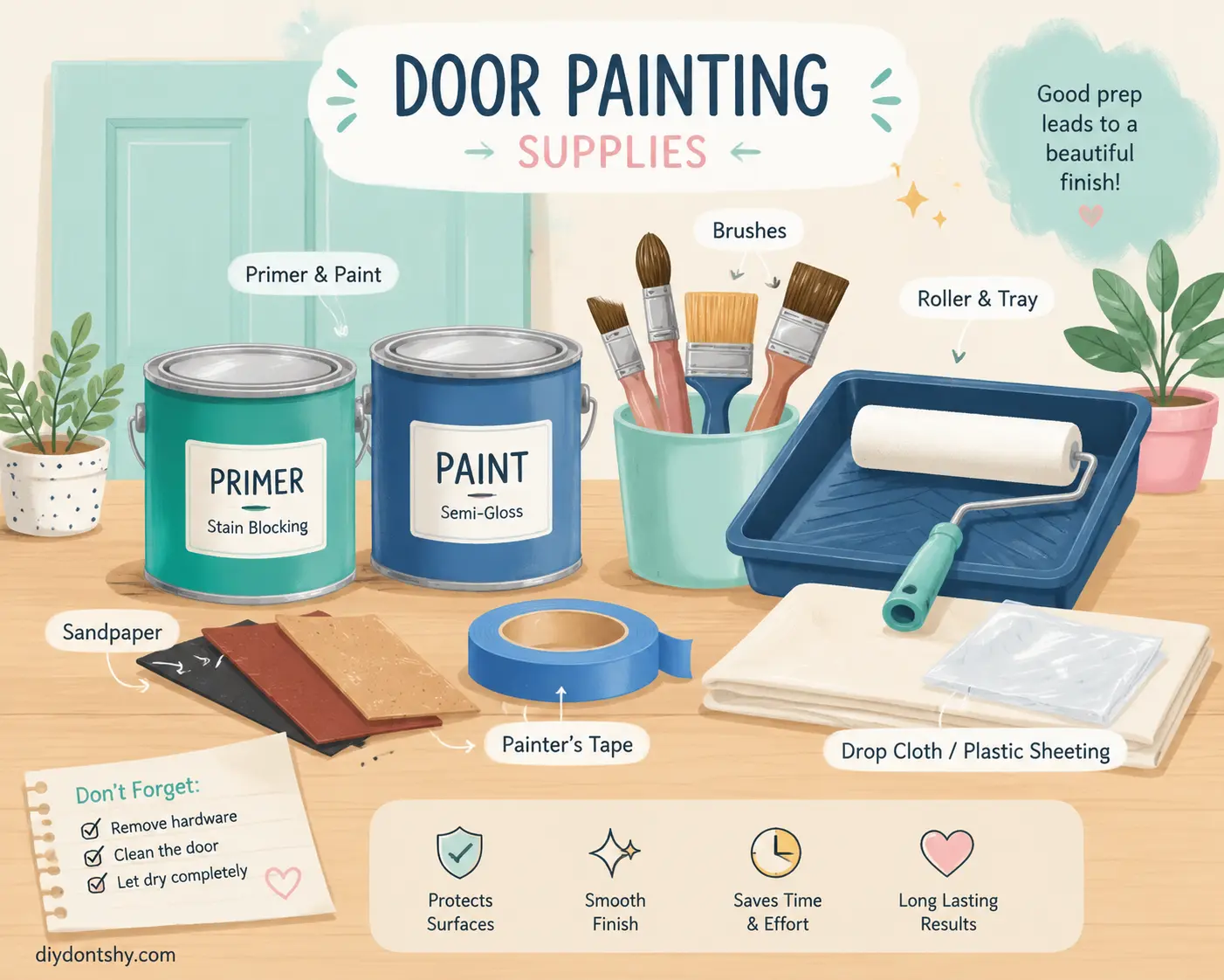 Door painting tools and materials organized on a workspace