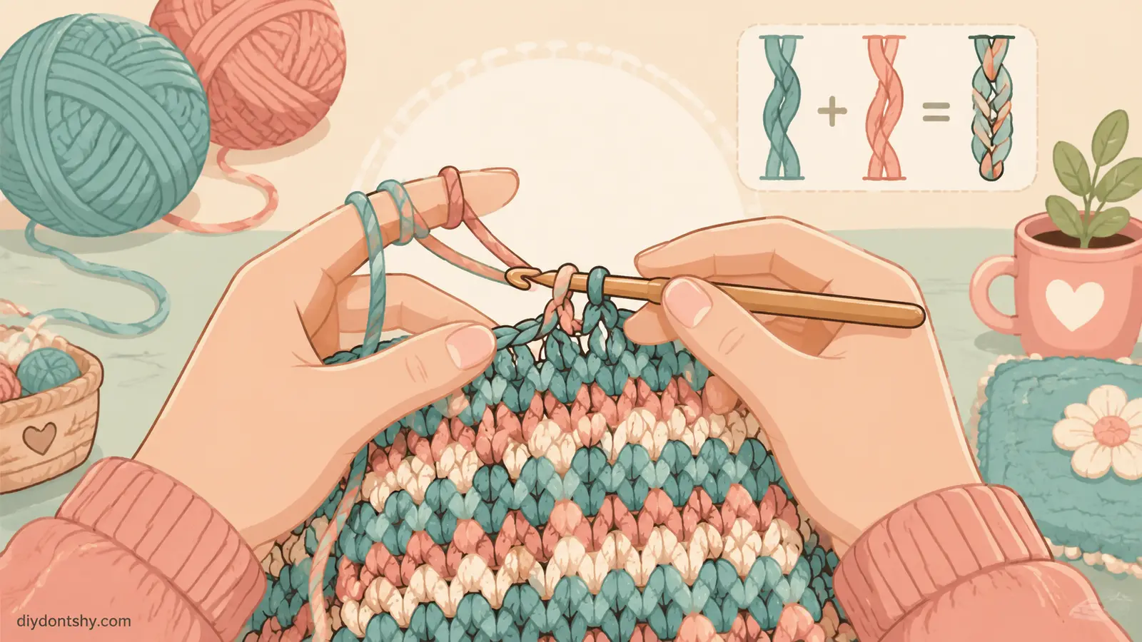 Crocheter working with two strands of yarn creating thick textured stitches