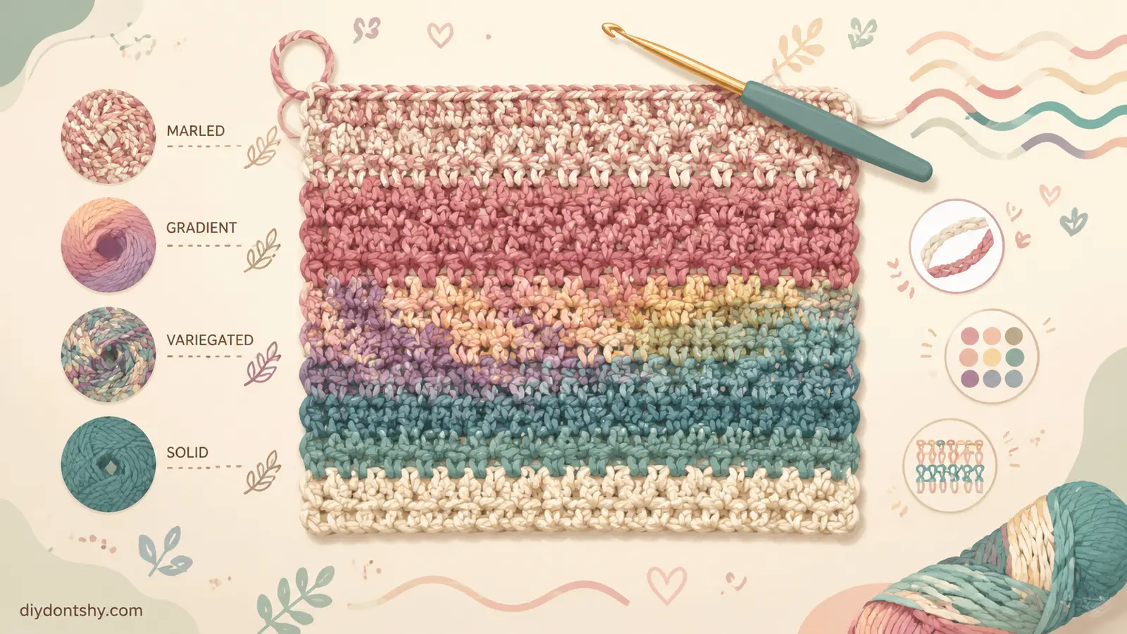 Creative crochet piece showing marled gradient and mixed yarn effects