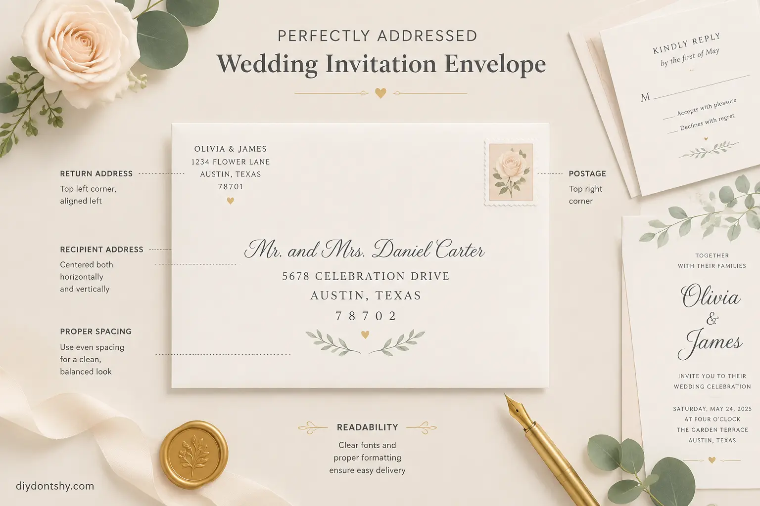 Clean and elegant wedding envelope formatting with address details