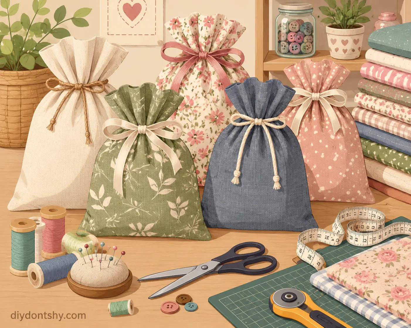 Colorful fabric gift bags with sewing materials