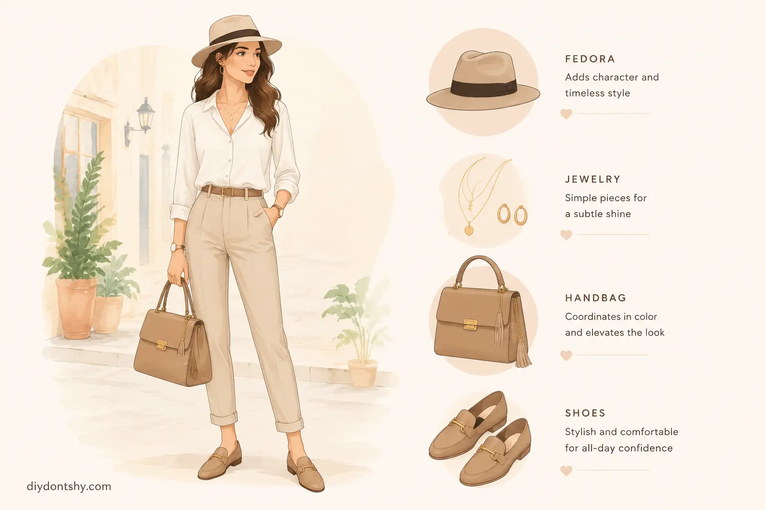 Woman completing a fedora outfit with balanced accessories