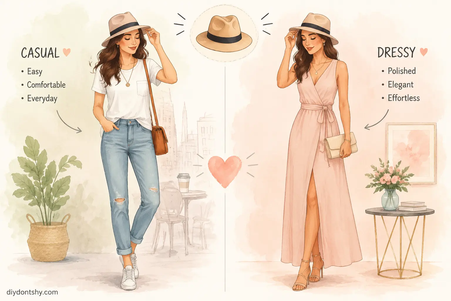 Woman styling a fedora with casual and dressy outfits