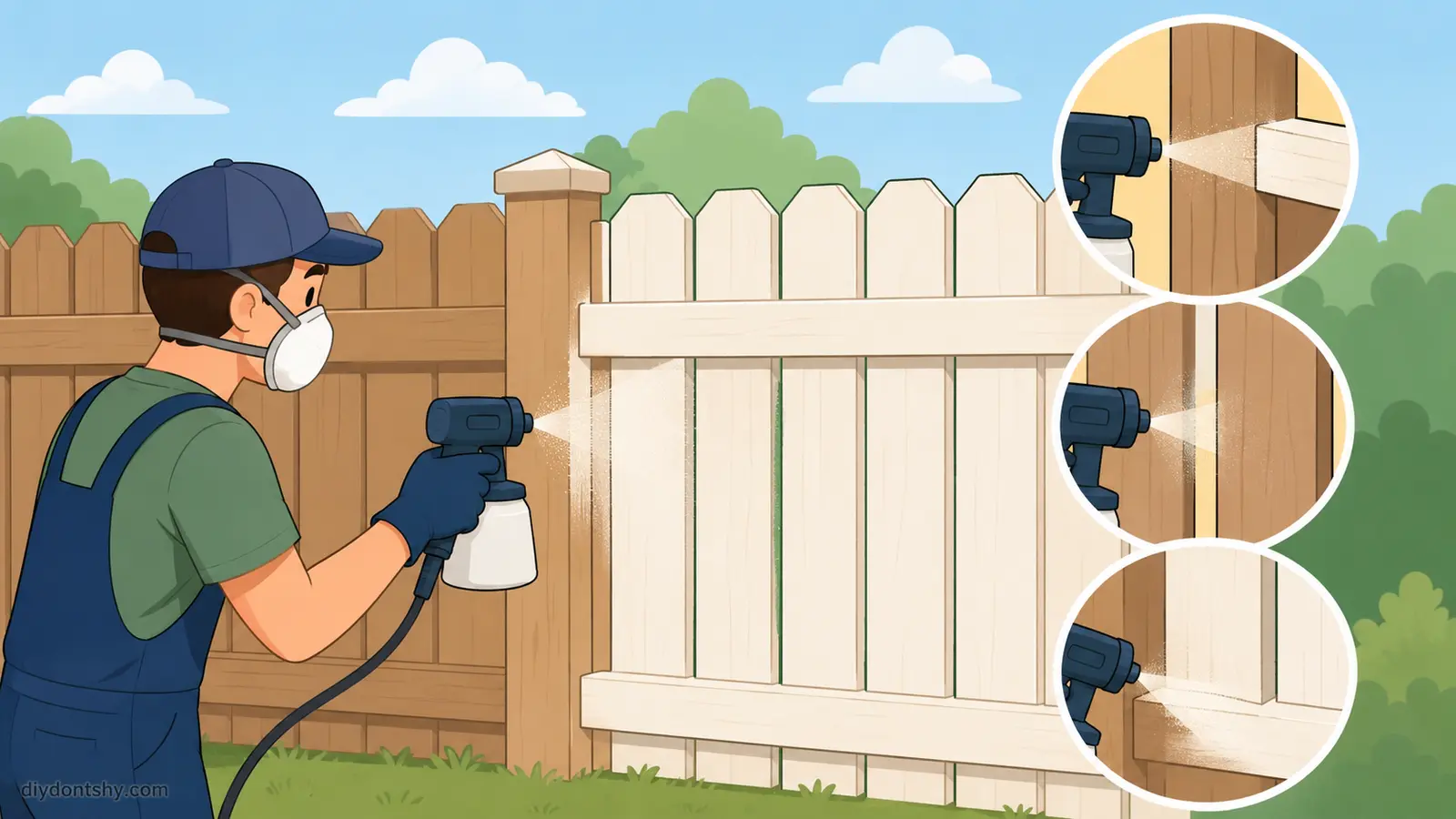 Illustration of spraying fence corners and gaps carefully