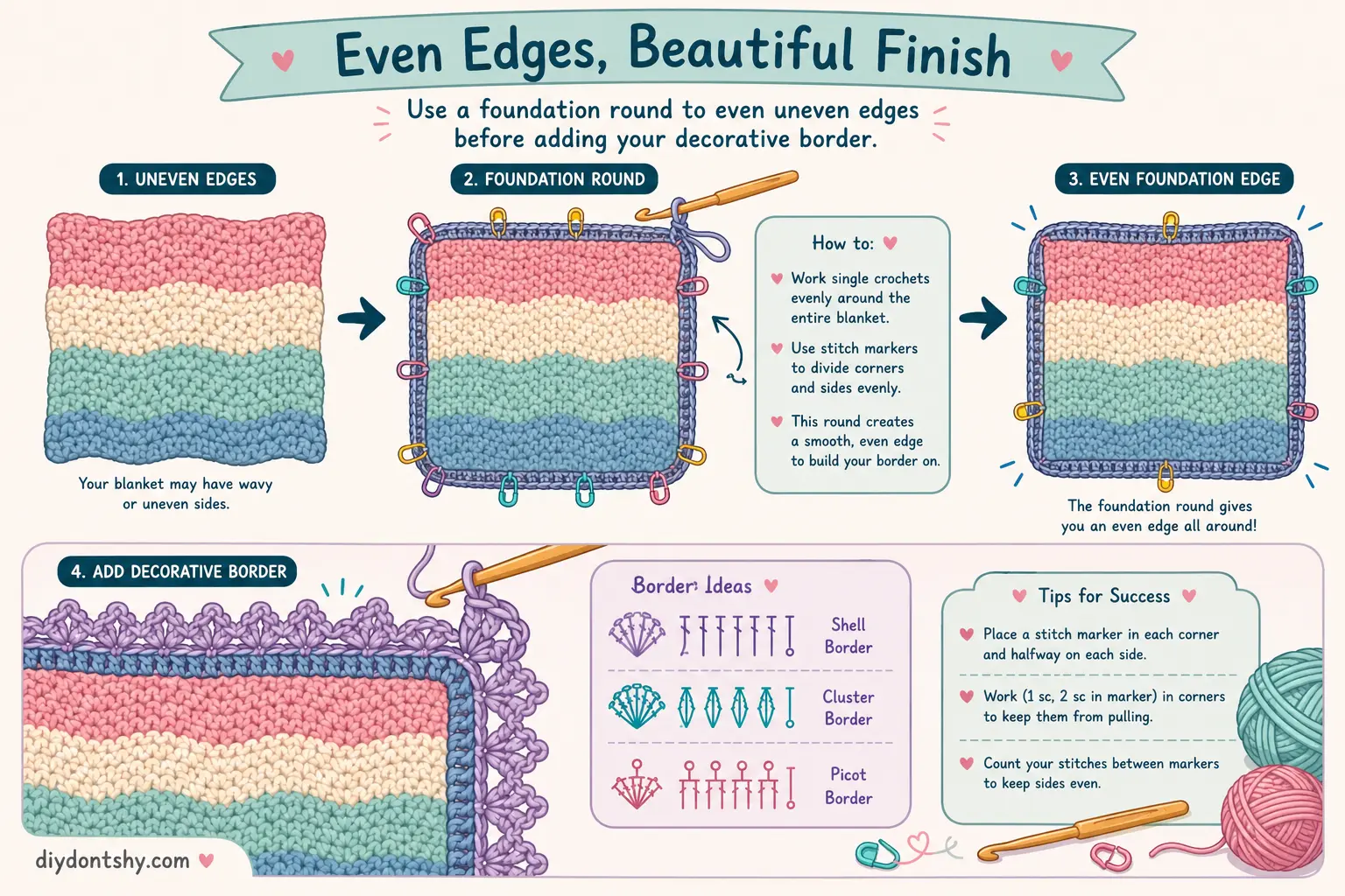 Preparing uneven crochet blanket edges with a foundation round before adding a border