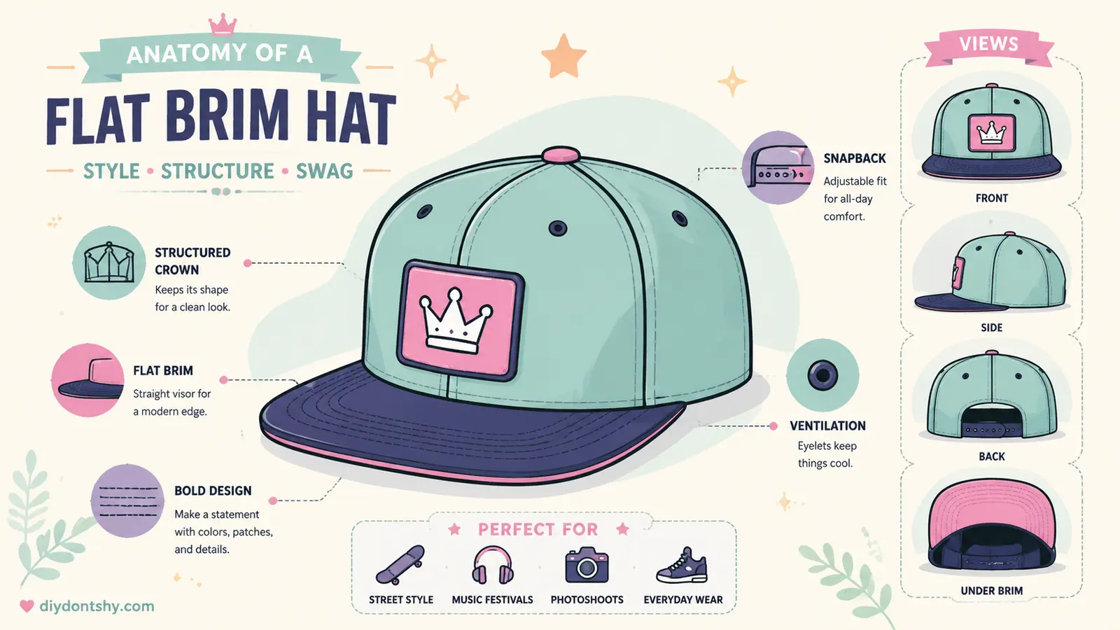 Flat brim hat with structured crown and bold design